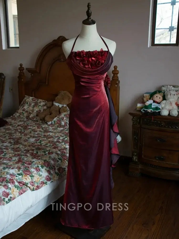 TingPo Wholesale Elegant Vintage Dark Red Shimmer Halter Neck Floral Prom Gown Birthday Dress